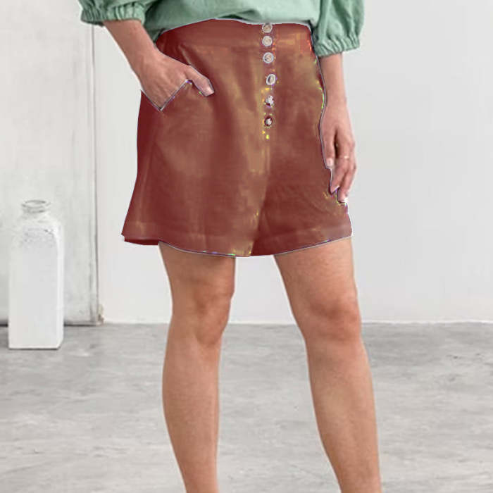 Woman cotton linen plain button deisgn plan shorts daily pants