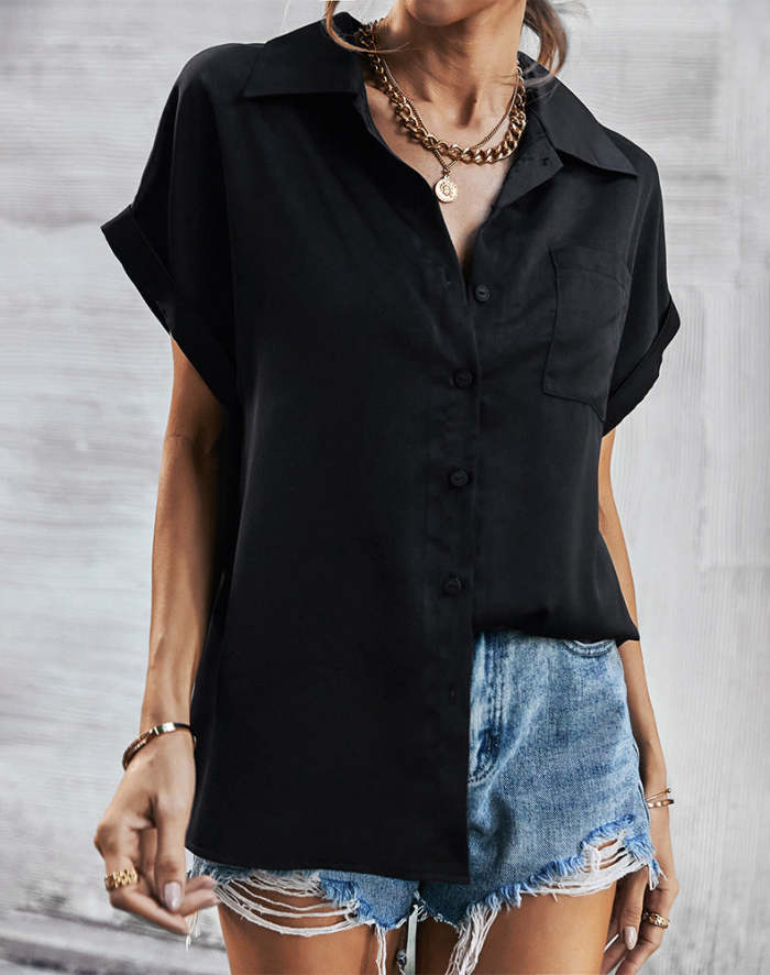 Elegant fashion turn down neck plain with pocket short sleeve blouses