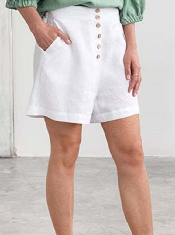 Woman cotton linen plain button deisgn plan shorts daily pants