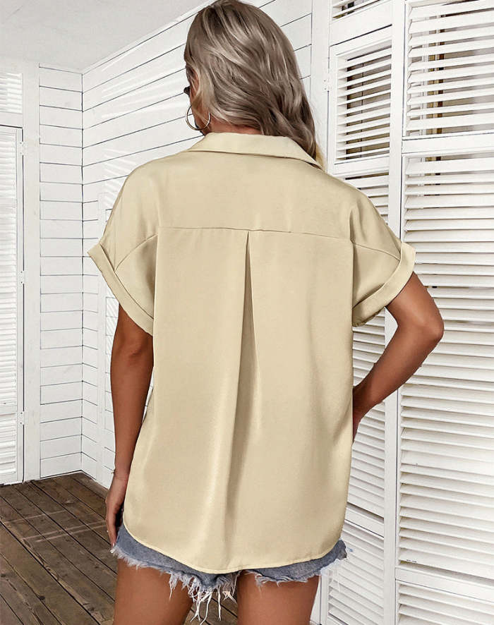 Elegant fashion turn down neck plain with pocket short sleeve blouses