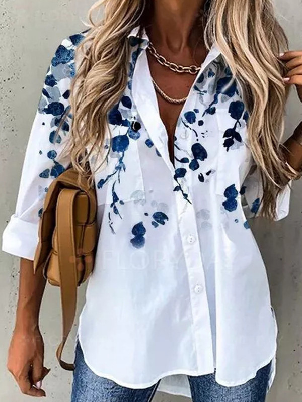 Cotton Shirt Collar Printed pockets long sleeve blouses