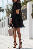Fashion Solid Flounce V Neck Cake Skirt Dresses