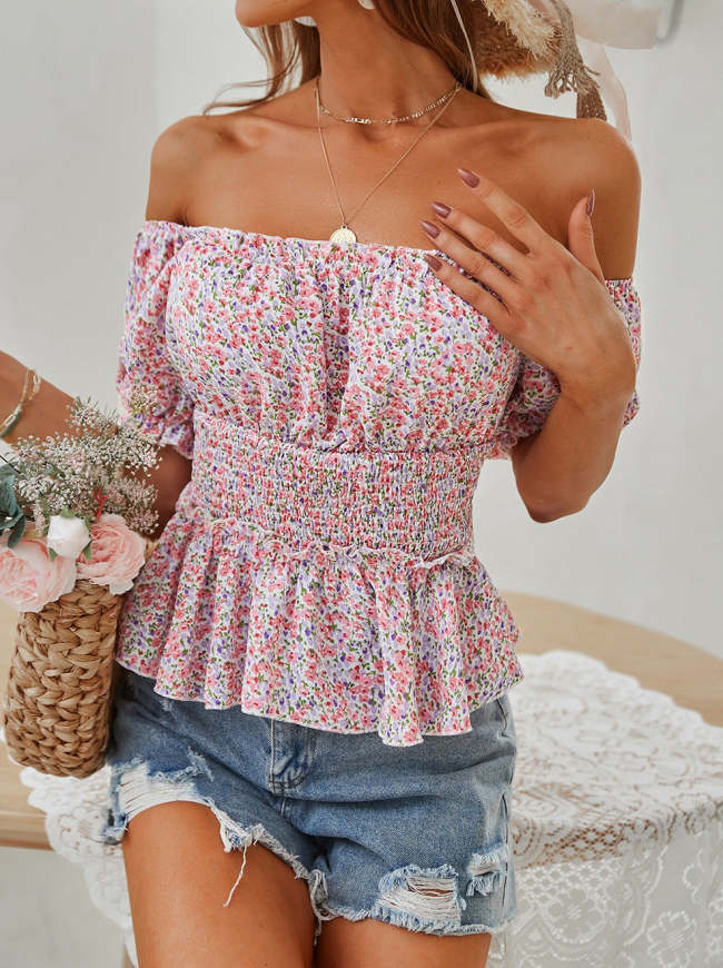 Square Neck Print Top Casual Puff Sleeves Nipped Waist Floral Blouses