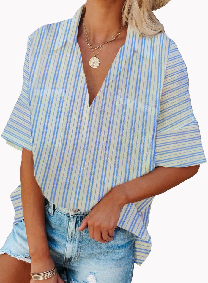 Casual turn down neck short sleeve stripe blouses