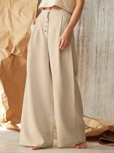 Casual Pure Color High Waist Button Cotton Linen Wide Leg Long Pants