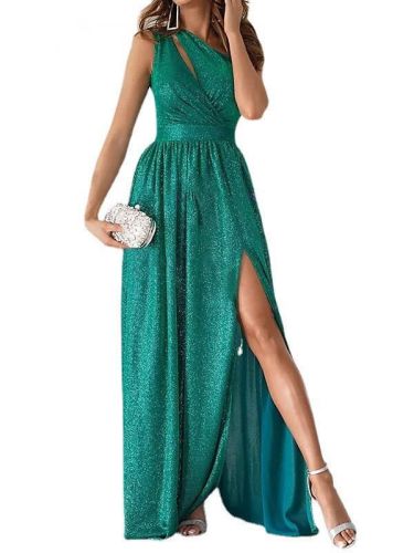 Fashionable one off shoulder glittering sexy hollow slit evening dresses