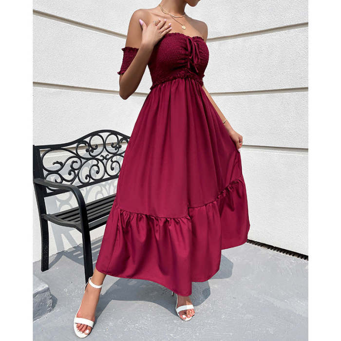 Elegant off shoulder high-waisted solid color party dress