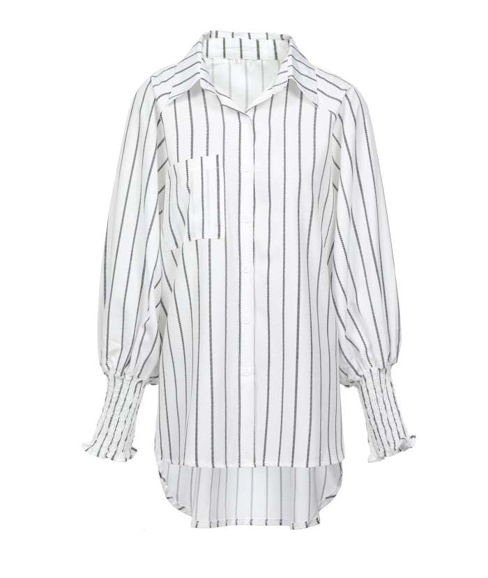 Woman Casual Mid Length Striped Shirt Turn down Down Blouses
