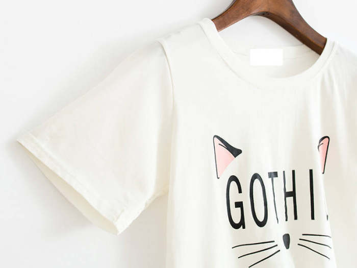 Cat printed women cute short sleeve tie design T-shirts