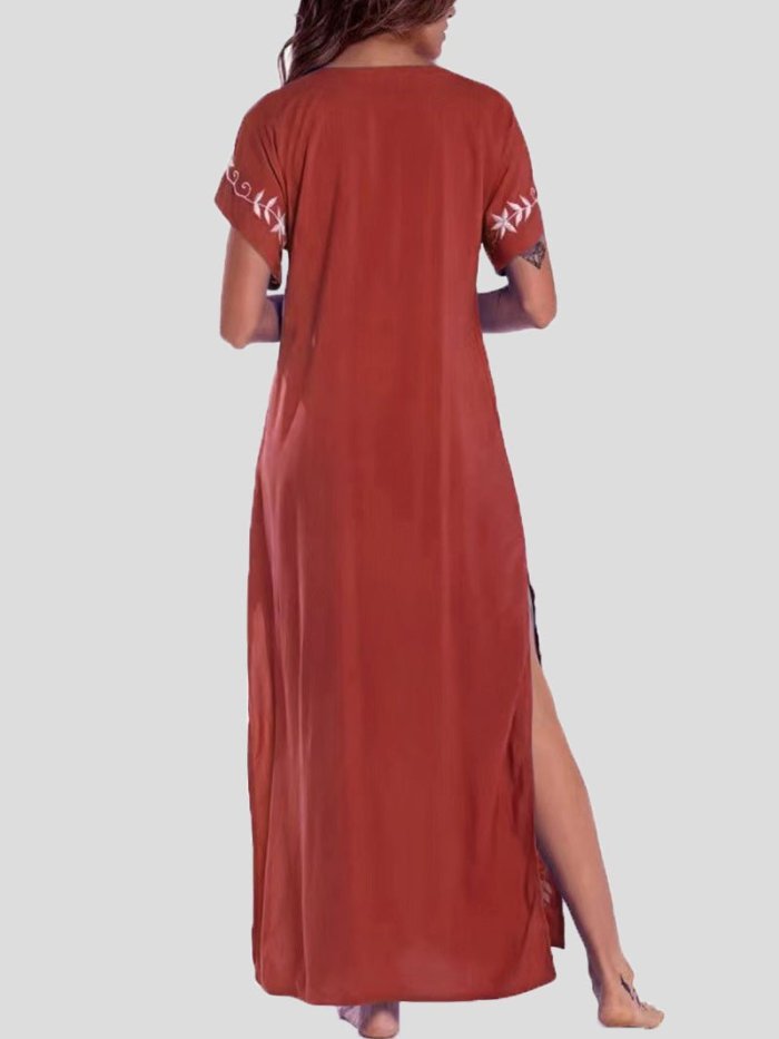 Women's Dresses Loose V-Neck Vintage Print Slit Maxi Dress