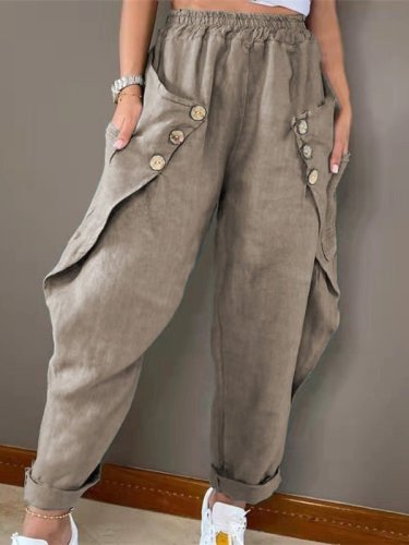 Women's Pants Casual Pocket Button Elastic Waist Pant