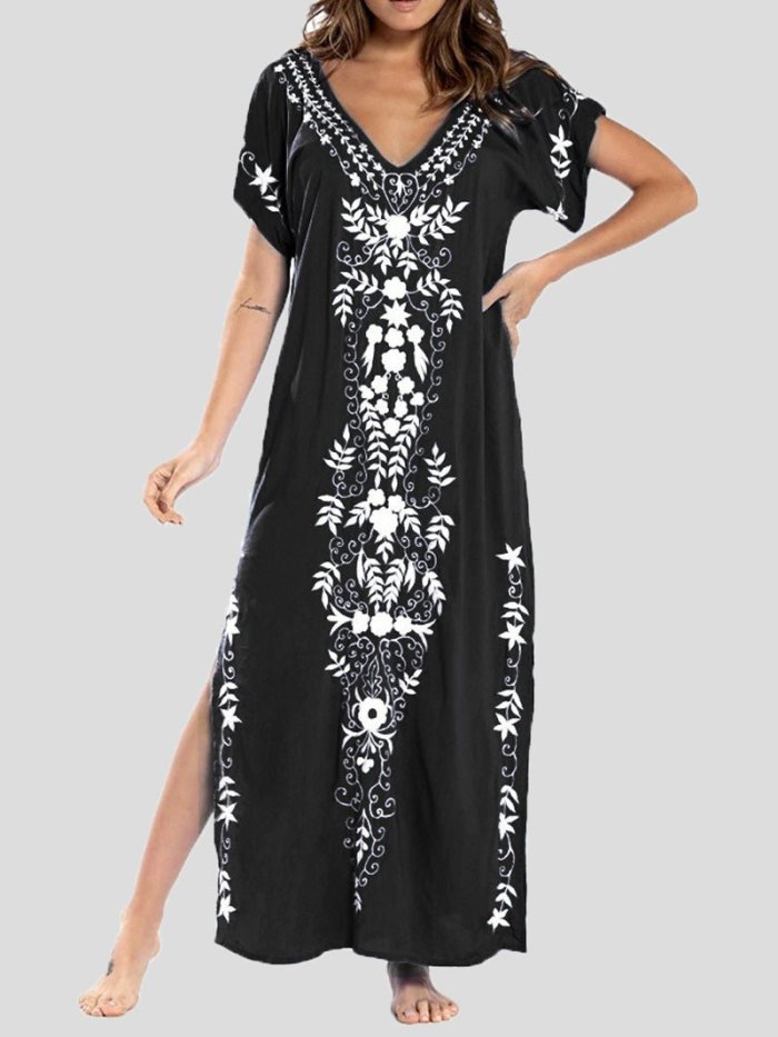 Women's Dresses Loose V-Neck Vintage Print Slit Maxi Dress