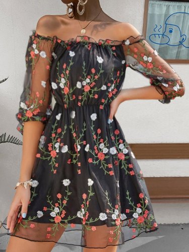 Women's Dresses Mesh Embroidered One-Shoulder Mini Dress