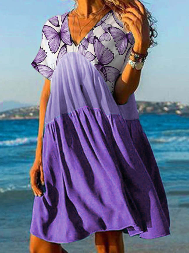 Women's Dresses Butterfly Print V-Neck Short Sleeve Dress