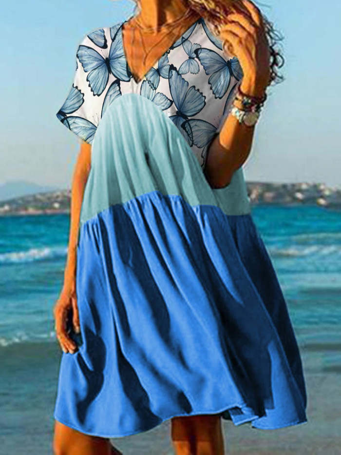 Women's Dresses Butterfly Print V-Neck Short Sleeve Dress