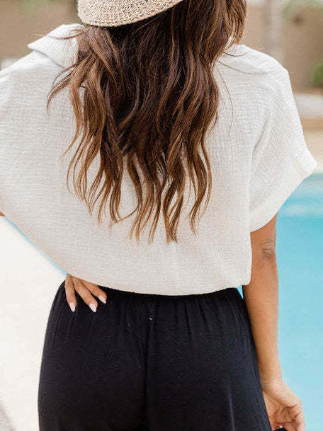 Women's Blouses Drawstring Button Crop Short Sleeve Blouse