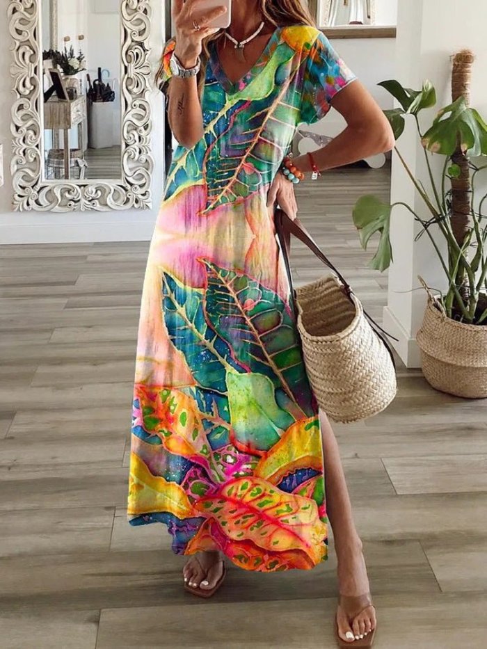 Women's Dresses Multicolor Leaf V-Neck Short Sleeve Slit Dress