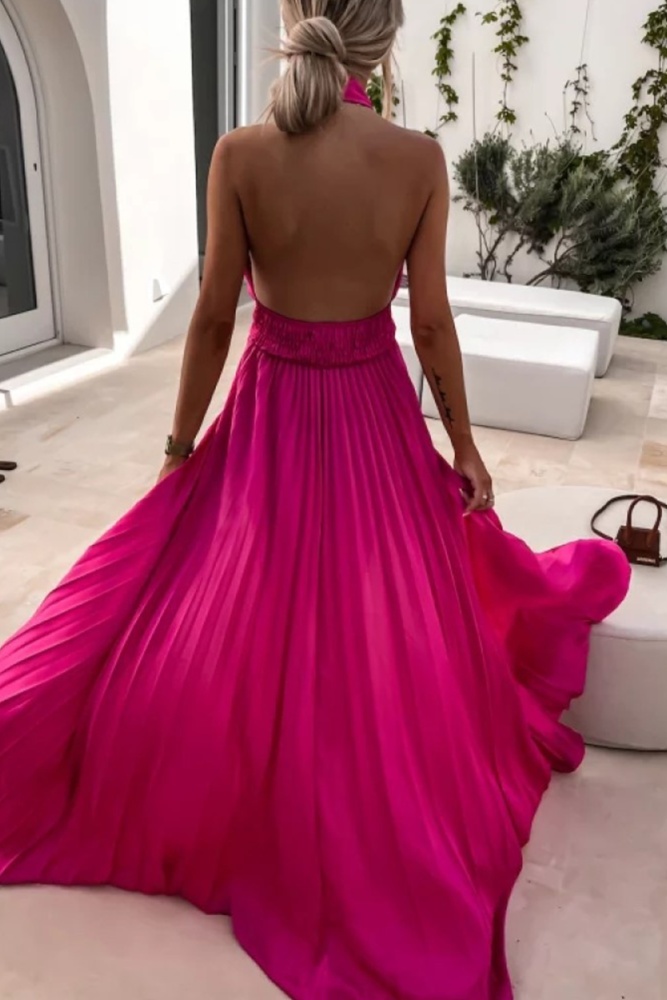 Fashion Solid High Opening Halter Cake Maxi Dresses