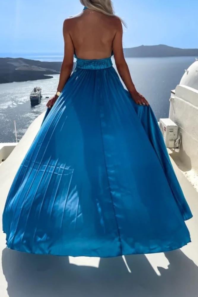 Fashion Solid High Opening Halter Cake Maxi Dresses