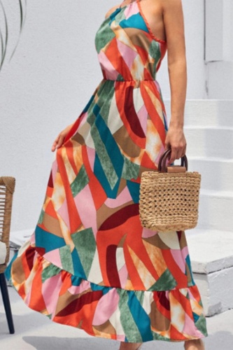 Fashion Print Split Joint Halter Cake Skirt Dresses Maxi Dresses