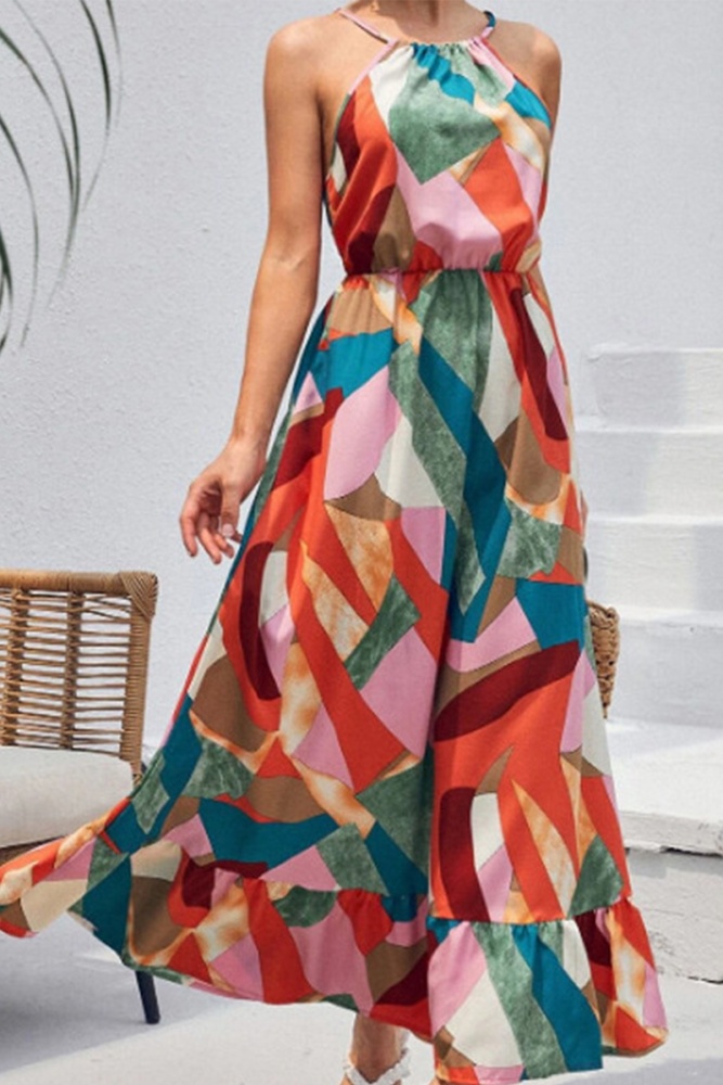 Fashion Print Split Joint Halter Cake Skirt Dresses Maxi Dresses