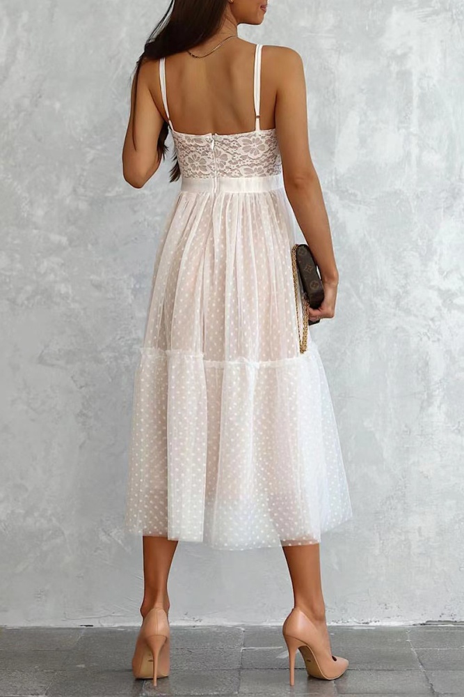 Casual Patchwork Lace Spaghetti Strap Cake Skirt Dresses Evening Dresses