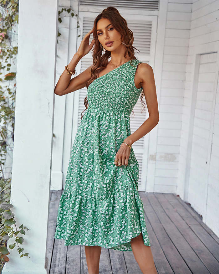 Woman floral One off shoulder Sleeveless Chiffon Maxi Dresses