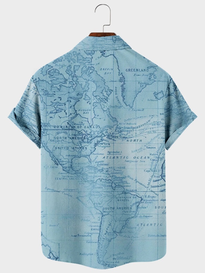 Mens Navigation Map Printed Casual Breathable Short Sleeve Shirts