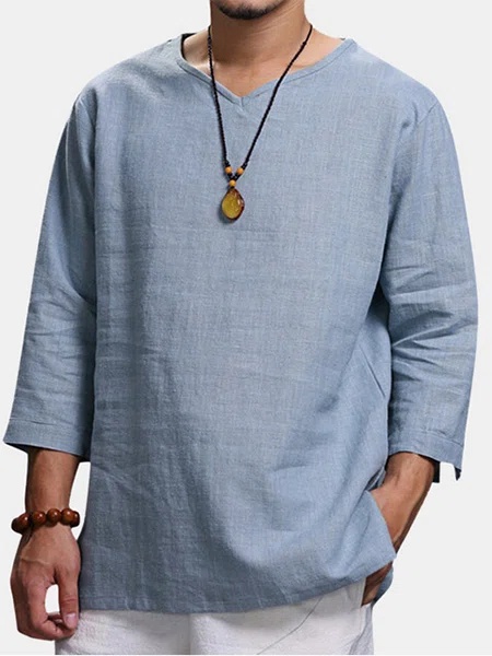 Men's Casual Cotton Linen Mid-sleeve Shirt