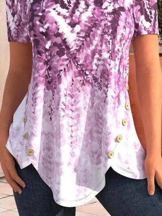 Round Neck Floral Buttoned Casual Tunic Tops