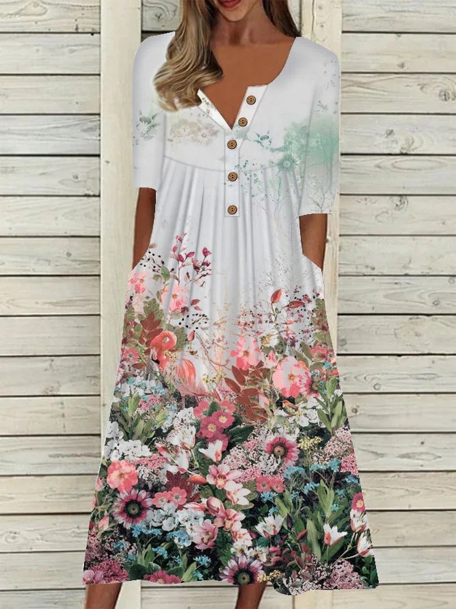 V Neck Button Floral Beach Casual Midi Dresses Maxi Dresses