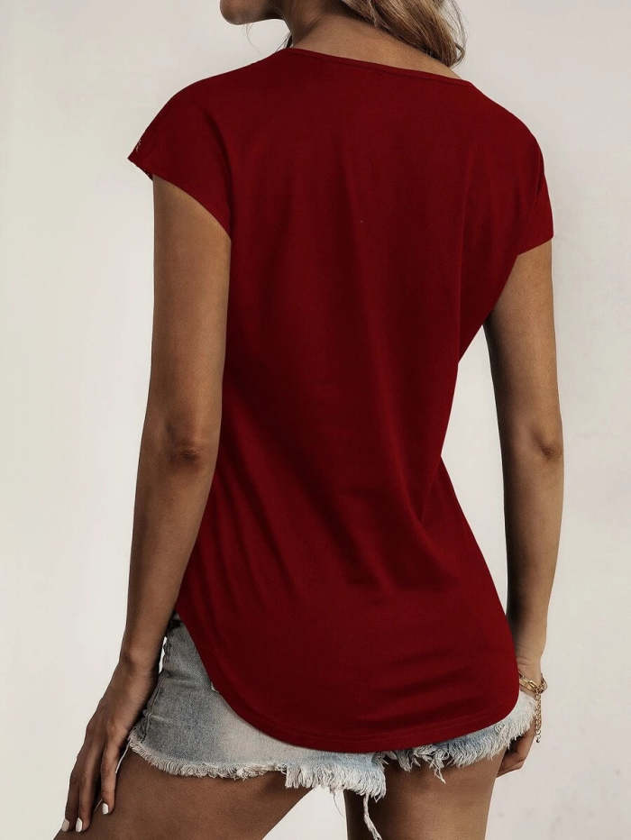 Round neck zip design  lace short sleeve t-shirts