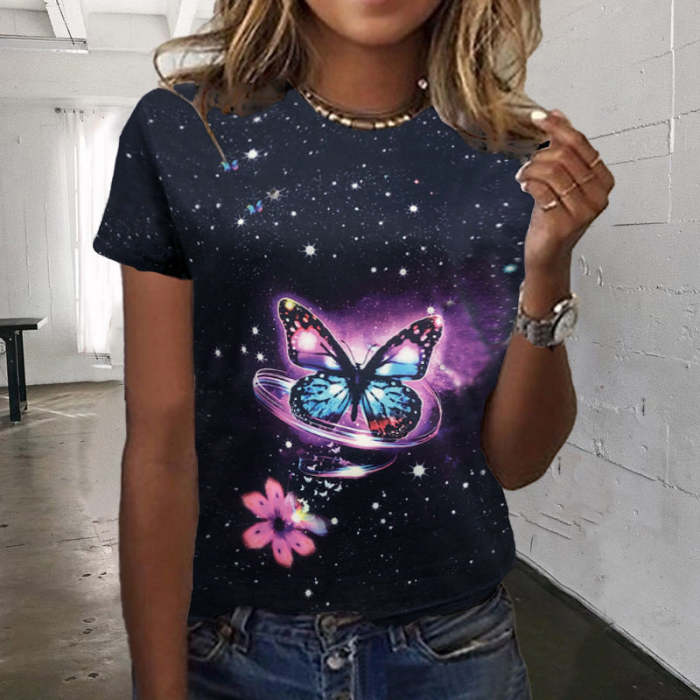 Butterfly Printed Women round neck loose short sleeve T-shirts Tops