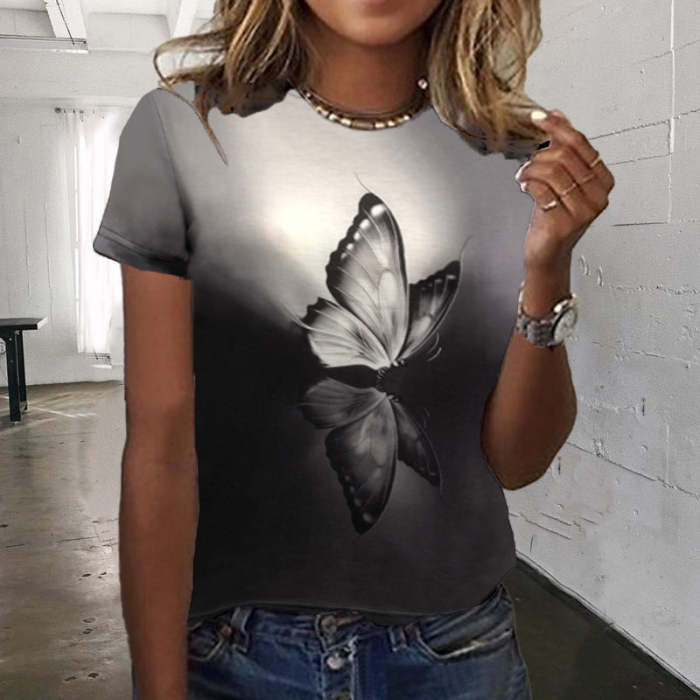 Butterfly Printed Women round neck loose short sleeve T-shirts Tops