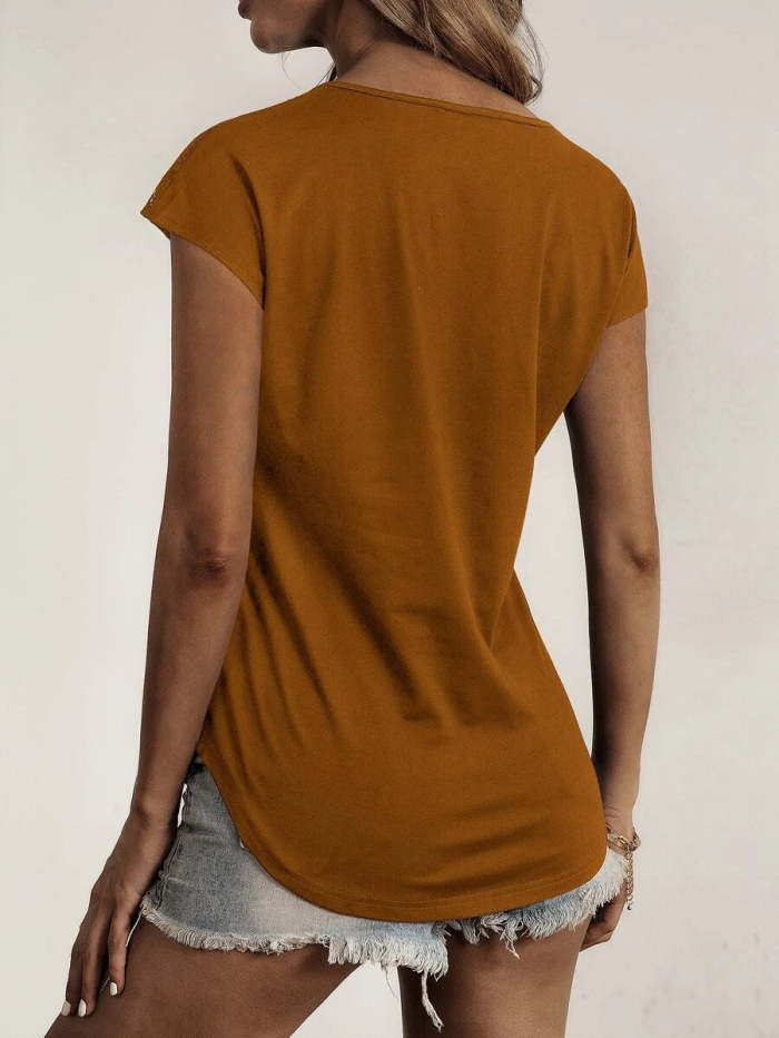Round neck zip design  lace short sleeve t-shirts
