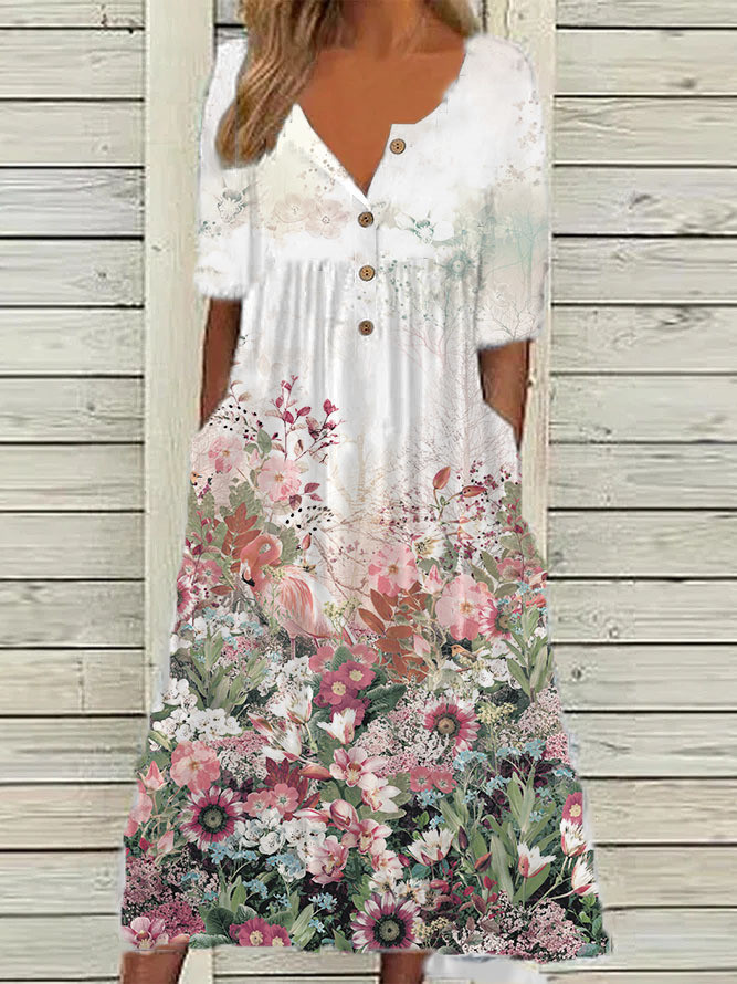 V Neck Button Floral Beach Casual Midi Dresses Maxi Dresses