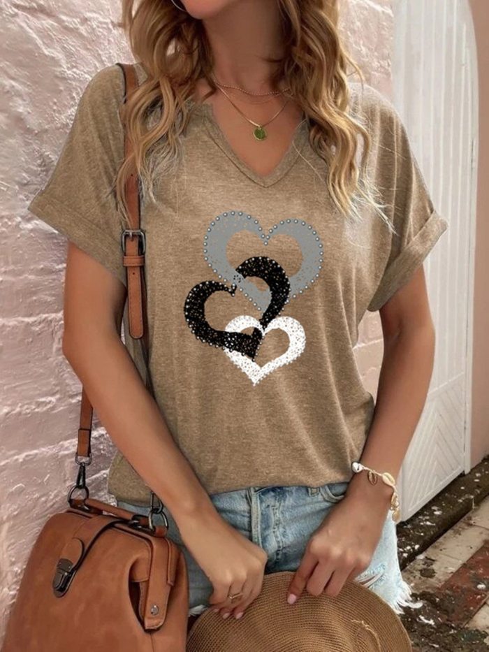 Lovely love printed v neck woman short sleeve T-shirts tops
