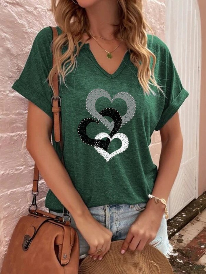 Lovely love printed v neck woman short sleeve T-shirts tops