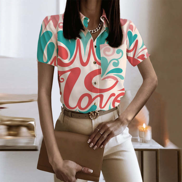 Turn down neck Fashion Printed Short sleeve Blouses