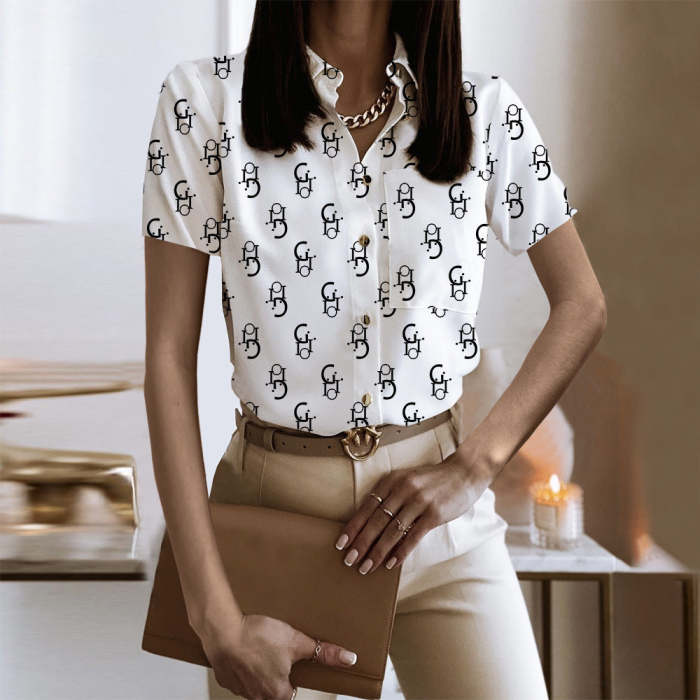 Turn down neck Fashion Printed Short sleeve Blouses
