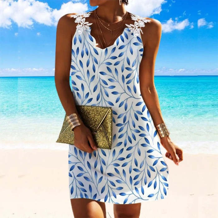 V neck lace sleevelss leave printed women vacation dresses