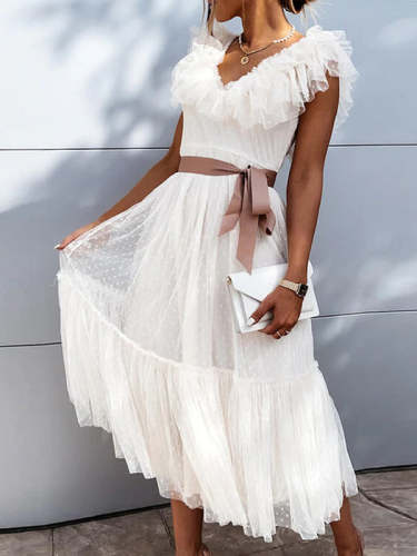Fashion Elegant Solid With Belt Mesh V Neck A Line Dresses