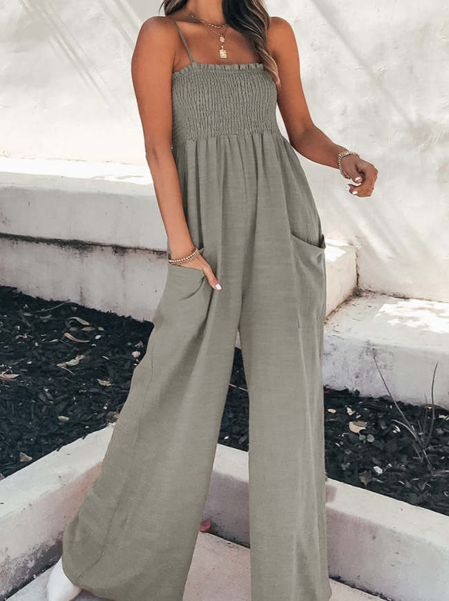 Fashion Living Solid Pocket Spaghetti Strap Loose Jumpsuits(5 colors)