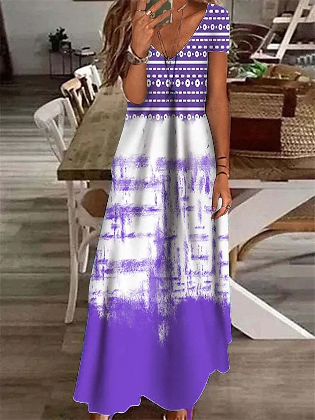 V-neck Casual Loose Tie-dye Gradient Resort Short Sleeve Maxi Dress
