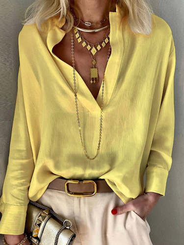 Solid Color Casual V-Neck Long Sleeve Cotton Linen Blouse