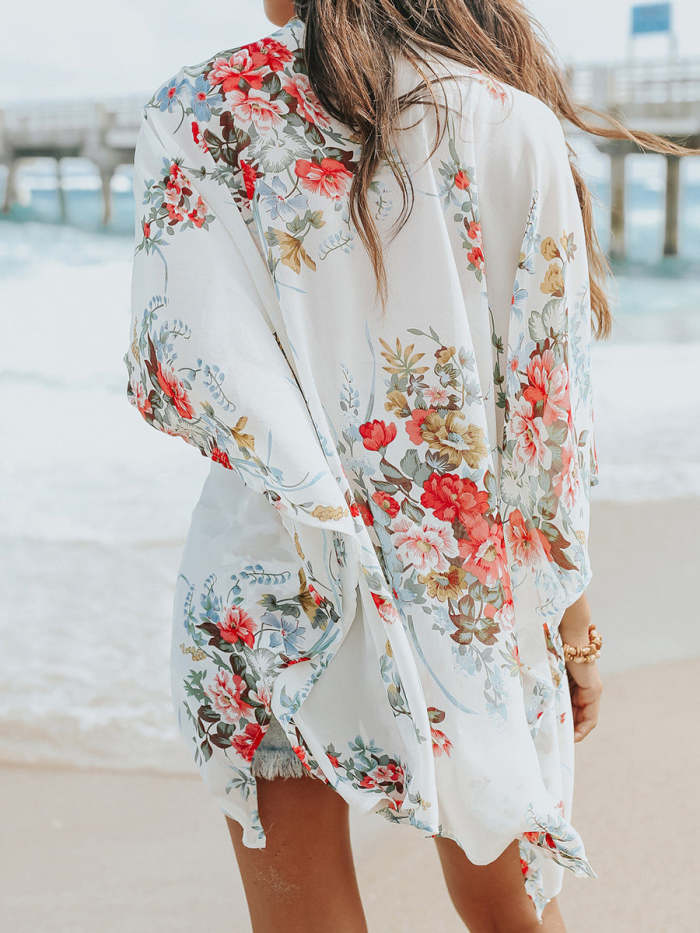 Loose Casual Floral Print Beach Sun Protection Short Sleeve Cardigan