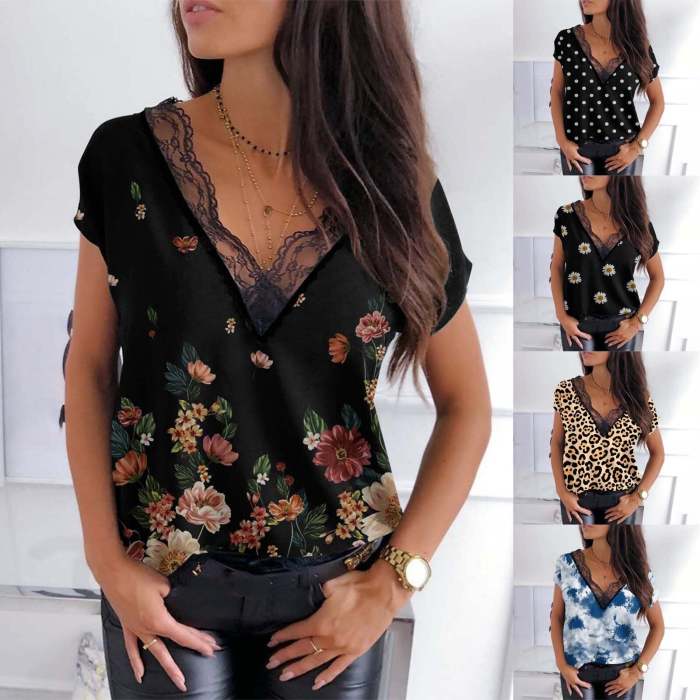 Lace V neck printed women fashion blouses tops