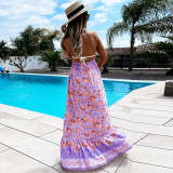 Vacation beach wearing printed halter neck women sleeveless long dresses