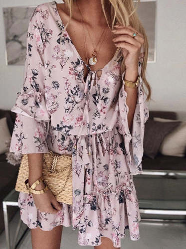 Chiffon Pullover Show Thin Floral Mid Waist Skater Dresses