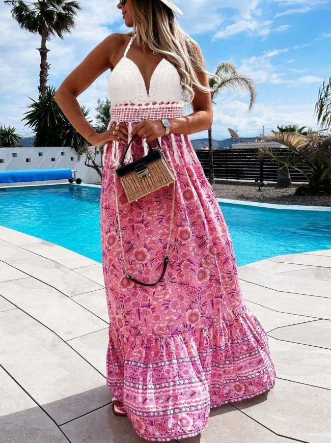 Vacation beach wearing printed halter neck women sleeveless long dresses